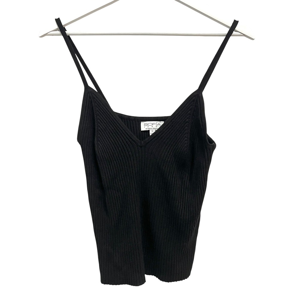 Sofia Jeans Camisole Women Large Black Ribbed Knit V-Neck Spaghetti Strap Cami